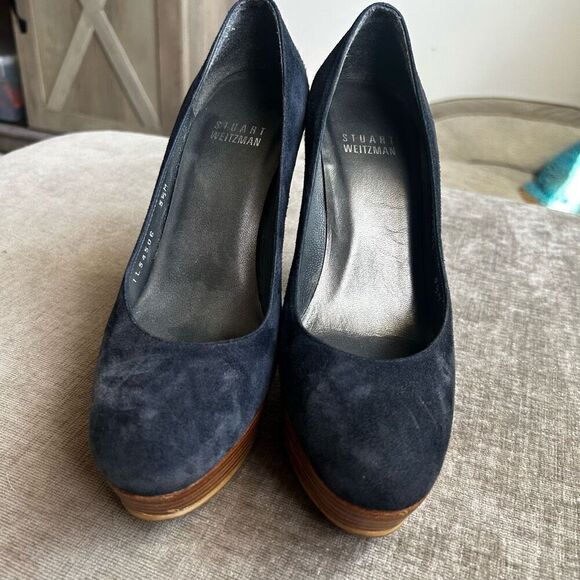 Stuart Weitzman Stilts Platform Pump Blue Suede Stacked Heel Womens Size 5.5 M - Picture 3 of 8